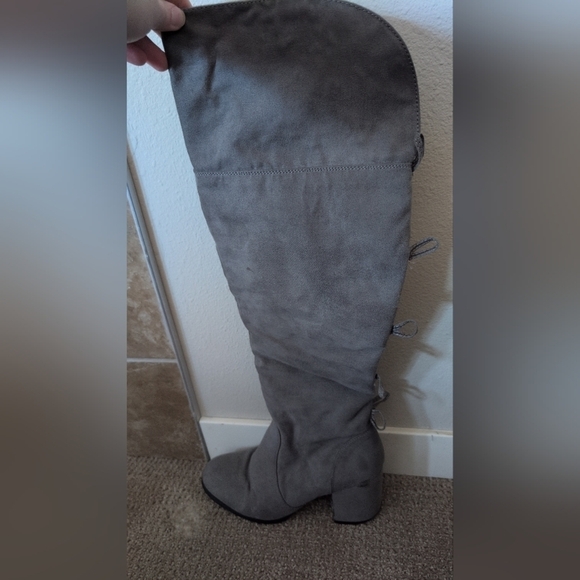 Charming Charlie Tall Bow Back Detail Grey Suede Heeled Boots - Picture 5 of 12